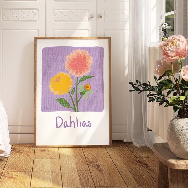 Flower Market Print | Dahlia Flower Art Print | Digital Download Art  | Printable Wall Art | Poster Print | Botanical Wall Art