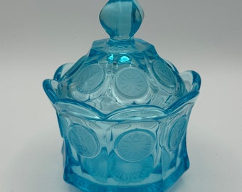 Fostoria Bright Blue Coin Dot Covered Sugar Bowl