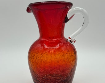 MCM Crackle Glass Pitcher Vase Red Orange 6.5”