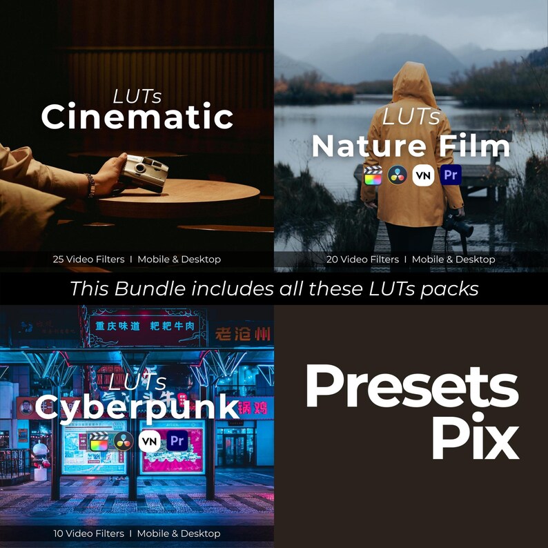 May include: A digital product bundle featuring four different LUTs packs: Cinematic, Nature Film, Cyberpunk, and Presets Pix. Each pack includes a different number of video filters for mobile and desktop use. The text "This Bundle includes all these LUTs packs" is also visible.