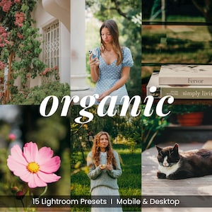 Puede incluir: Un collage de imágenes con la palabra "organic" en letras blancas grandes. Las imágenes incluyen una mujer con un vestido azul, una flor rosa, un gato y libros. El texto "15 Lightroom Presets | Mobile & Desktop" está en la parte inferior.