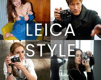 May include: A promotional image featuring the text "LEICA STYLE" over four photographs of people holding Leica cameras. The bottom of the image reads "10 Lightroom Presets - Mobile & Desktop". The photographs feature a woman in a blue dress, a man in a coat, and two other women.