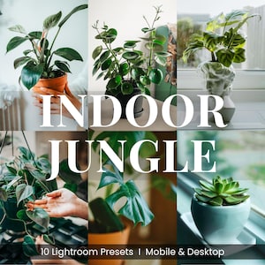 May include: A collage of indoor plants in various pots, including a succulent in a blue pot and a plant in a bust-shaped planter. The text "INDOOR JUNGLE" is overlaid on the image, along with "10 Lightroom Presets | Mobile & Desktop".