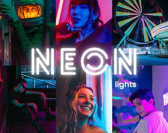 May include: A collage of images with a neon lights theme. The word "NEON" is displayed in bright white neon lettering. The images feature people and a Ferris wheel, all illuminated with vibrant neon colors. Text at the bottom reads "10 Lightroom Presets | Mobile & Desktop."