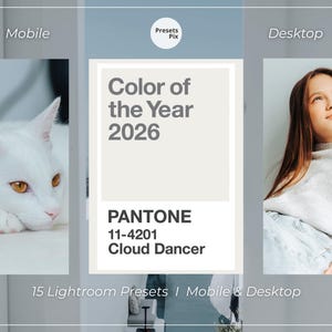 Może przedstawiać: Obraz promocyjny 15 ustawień Lightroom dla urządzeń mobilnych i komputerów stacjonarnych. Centralny panel wyświetla "Kolor Roku 2026" z "PANTONE 11-4201 Cloud Dancer". Panele boczne przedstawiają białego kota z pomarańczowymi oczami i osobę patrzącą w górę.