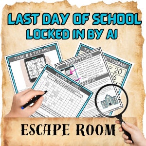 May include: An escape room game themed around the last day of school, with a magnifying glass, a gridded evidence sheet, a task sheet with a phone icon, a direction sheet, and a pictograph with numbers 20 and 16.