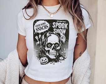 Halloween Baby Tee, 80s Inspired Halloween Baby Tee, Retro Halloween Graphic Tee, Baby Tee for Fall, Spooky Camisole, Horror Movie T-shirt