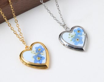 Collana con ciondolo "Non ti scordar di me" personalizzata, collana con ciondolo a cuore, ciondolo "Non ti scordar di me", collana con fiori veri in resina, regalo migliore amica per lei