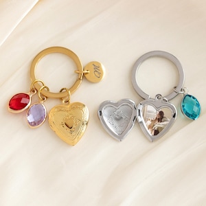 Custom Heart Locket Keychain with Photo, Small Locket Keychain, Birthstone Charms, Memorial Gift, Wedding Gift, Christmas Gift, Gift for Her