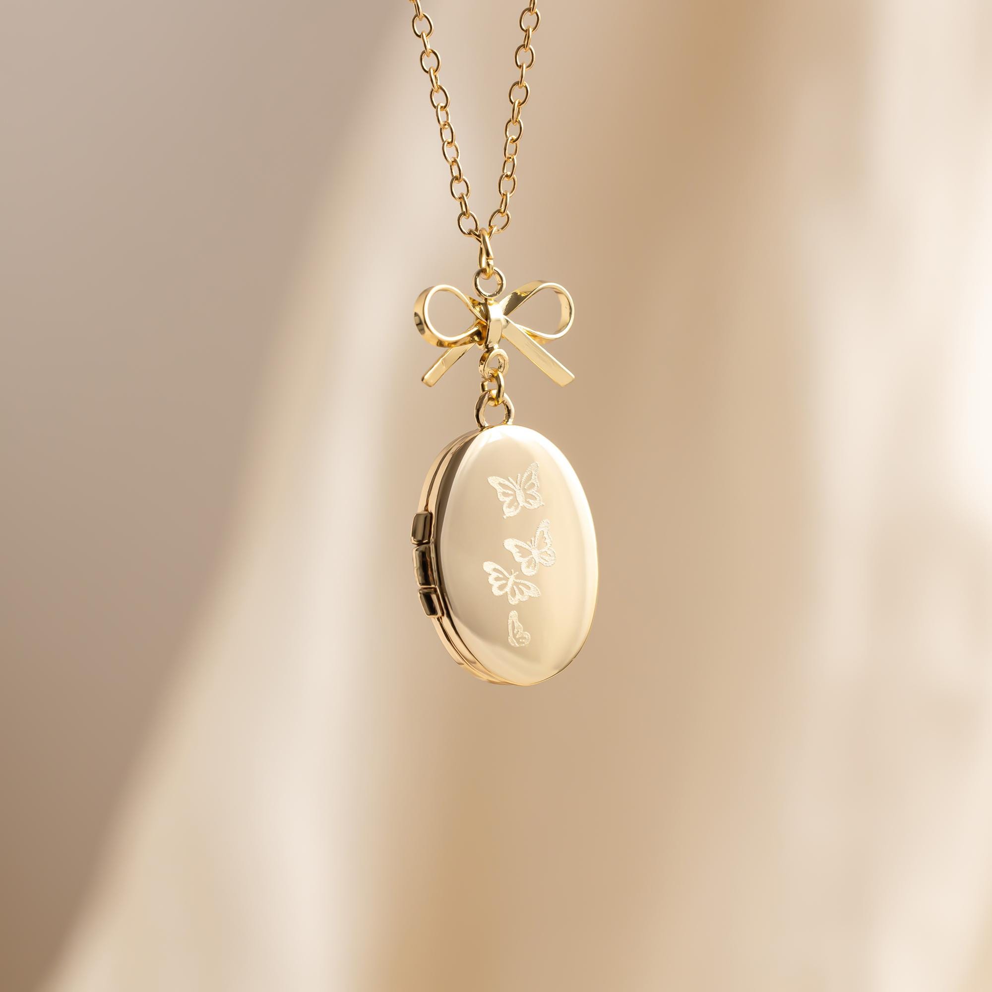 Vintage Oval Photo Necklace, Locket Necklace with Photo, Butterfly Necklace, Bow Charm, Christmas Gift, Wedding Gift, Sister Gift for Her