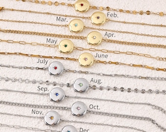 Pulsera con medallón fotográfico personalizado y piedra de nacimiento, pulsera personalizada con foto para mamá, regalo de joyería conmemorativa para la abuela, regalo para ella.