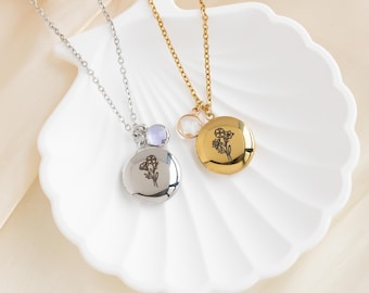 Personalized Birth Flower Locket Necklace with Photo, Custom Engraved Bouquet Jewelry, Birthday Gift, Anniversary Gift for Her