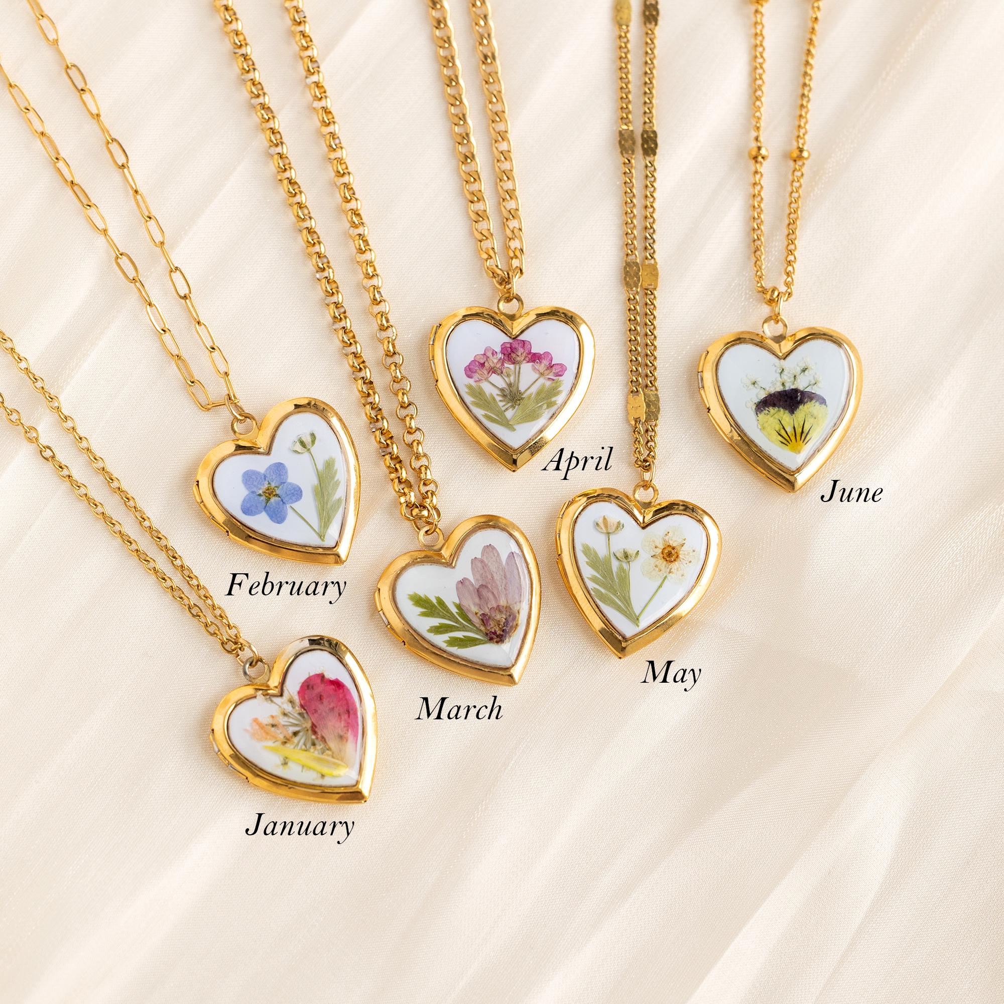 Handmade Birth Flower Necklace with Photo, Photo Heart Pendant, Pressed Flower Necklace, Month Flower Gift, Birthday Gift, Gift for Her
