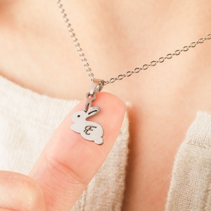 May include: A silver chain necklace with a small rabbit pendant. The rabbit has a small letter 'E' engraved on its belly.