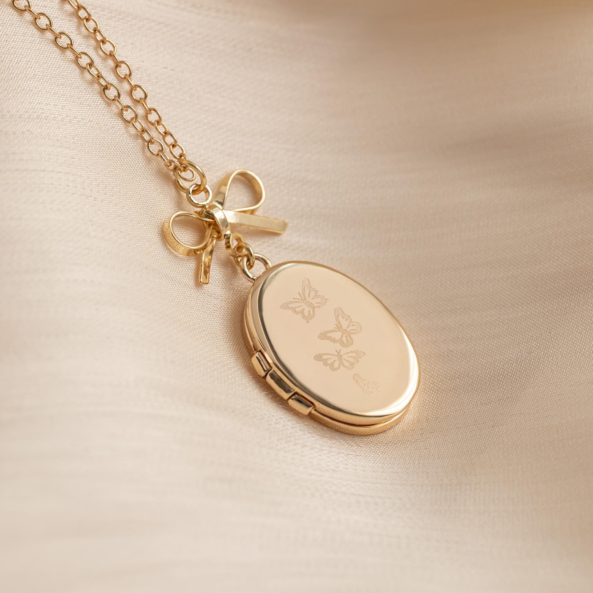 Vintage Oval Photo Necklace, Locket Necklace with Photo, Butterfly Necklace, Bow Charm, Christmas Gift, Wedding Gift, Sister Gift for Her