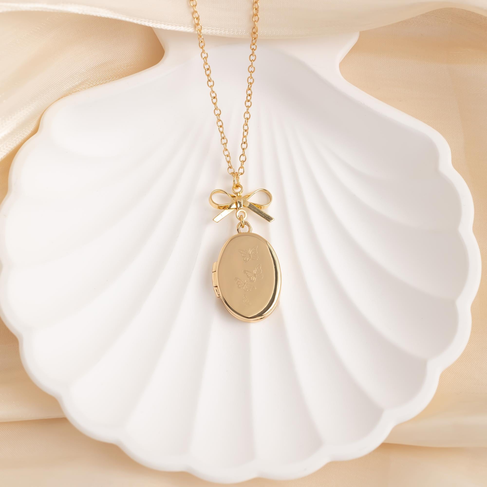 Vintage Oval Photo Necklace, Locket Necklace with Photo, Butterfly Necklace, Bow Charm, Christmas Gift, Wedding Gift, Sister Gift for Her