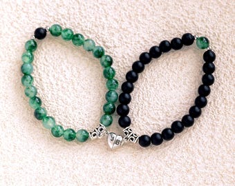Personalized Initial Couples Beaded Bracelets, Couples Bracelets, Custom Engraved Heart Charm , Christmas Gift, Anniversary Gift