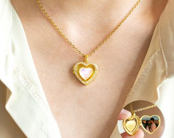 Personalized Heart Gemstone Necklace with Photo, Gemstone Jewelry, Photo Locket, Christmas Gift, Anniversary Gift, Mom Gift, Gift for Her