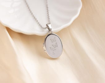 Collana con foto ovale vintage, collana con medaglione vintage, collana con farfalla, gioielli commemorativi, regalo di Natale, regalo di nozze, regalo per lei