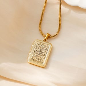 Custom Locket Necklace with Photo, Rectangular Locket Necklace, Gold Necklace, Memorial Gift, Father's Day Gift