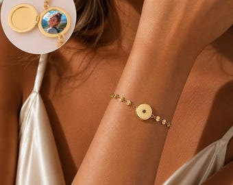 Personalized Photo Locket Bracelet with Birthstone, Custom Picture Bracelet for Mom, Memorial Jewelry Gift for Grandma, Gift for Her