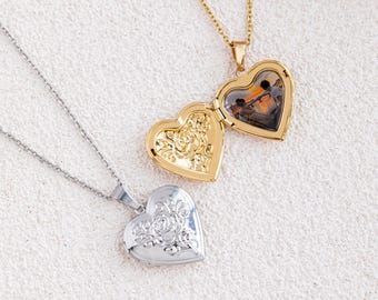 Custom Rose Heart Locket Necklace, Personalized Photo Locket, Vintage Engraved Pendant, Memorial Jewelry, Anniversary Gift for Her