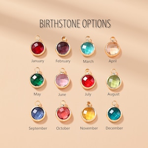 May include: A collection of twelve round, faceted birthstone charms with gold-toned settings, each labeled with a month from January to December. The text 'BIRTHSTONE OPTIONS' is displayed at the top. Each charm features a unique colored stone.