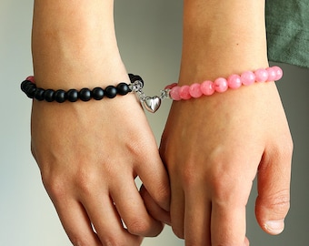 Custom Matching Beaded Heart Stretch Bracelets, Initial Bracelets for Couples, Pink Beaded Bracelet for Her, Gift for Girlfriend