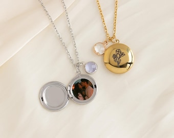 Personalisierte gravierte Geburt Blumenstrauß Foto Halskette, Foto Medaillon, Andenken Medaillon, Jahrestagsgeschenk, Geburtstagsgeschenk, Geschenk für sie