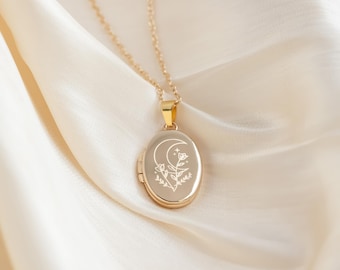 Collar con medallón de luna personalizado, medallón fotográfico floral grabado, joya de recuerdo, regalo significativo para mamá.