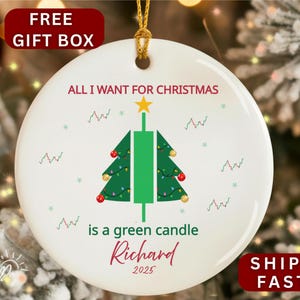 May include: White Christmas ornament with a green candle tree design, text that reads "ALL I WANT FOR CHRISTMAS is a green candle Richard 2025". Includes a gold string for hanging. The ornament has a red "FREE GIFT BOX" and "SHIPS FAST" label.