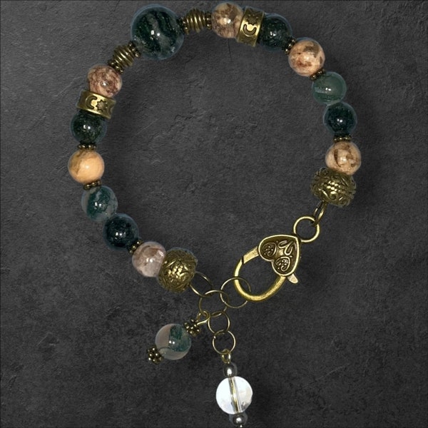 Thousand Layered Quartz, Peach Pisolite Limestone, Moss Agate, Bronze, Memory wire Bracelet with Lobster Clasp