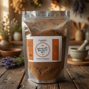 May include: A clear, resealable pouch filled with brown powder, labeled "Ashwagandha Root Extract 100:1" and "All Natural Organics." The pouch sits on a rustic wooden surface, with dried herbs and kitchen tools in the background. The brand name "Shaggy's Herbals" is also visible.