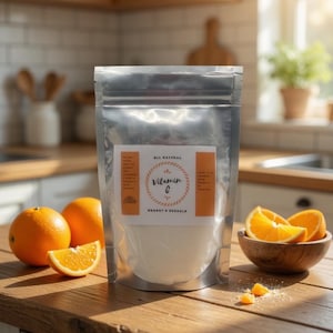 May include: A clear, metallic pouch of Vitamin C powder sits on a wooden surface, next to fresh oranges and orange slices in a wooden bowl. The pouch has a label that reads "All Natural Vitamin C". The scene is set in a bright kitchen.