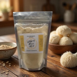 May include: A clear plastic bag of Lion's Mane 100:1 powder sits on a wooden table. The bag has a yellow label with text. A wooden bowl of Lion's Mane mushrooms and a bowl of oats are also on the table. The background is blurred.