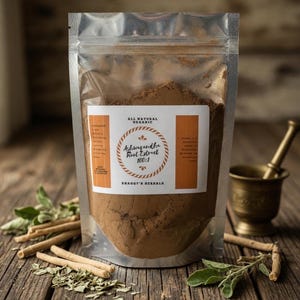 May include: A clear, resealable pouch filled with brown powder, labeled "Ashwagandha Root Extract 100:1" and "All Natural Organic." The pouch sits on a rustic wooden surface with sprigs of green leaves, stems, and a small brass mortar and pestle.