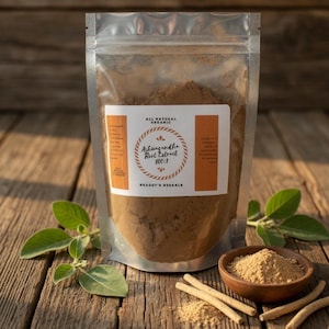 May include: A clear, resealable bag filled with brown powder labeled "Ashwagandha Root Extract 100:1" sits on a wooden surface. A small wooden bowl and several sticks of ashwagandha are also present. Green leaves are arranged around the bag and bowl.