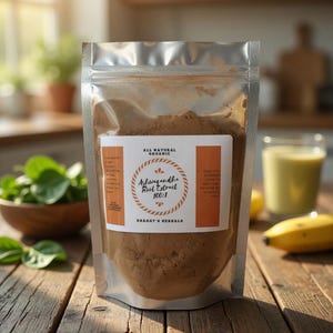 May include: A clear, resealable pouch filled with brown powder, labeled "Ashwagandha Root Extract 100:1" and "Shaggy's Herbals." The pouch sits on a rustic wooden table, with a bowl of greens and a smoothie in the background. The words "All Natural Organic" are also on the label.