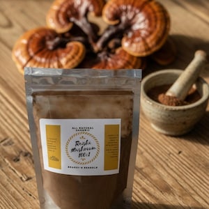 May include: A clear pouch of Reishi Mushroom 100:1 powder with a yellow label, and whole Reishi mushrooms in the background. A mortar and pestle with brown powder are on a wooden surface. The label reads "All Natural Organic" and "Shaggy's Herbals."