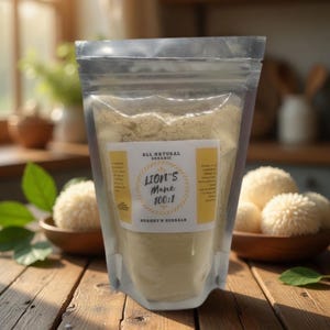 May include: A clear, resealable pouch filled with light brown powder, labeled "Lion's Mane 100:1" and "All Natural Organic." The pouch sits on a wooden surface with wooden bowls containing white, spherical objects. The background features a kitchen setting.