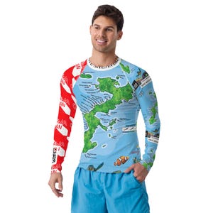 Rash Guard para hombres Estilo de mapa pirata Diseño de mapa de buceo de Okinawa Scuba Diver Snorkel Fotografía submarina presente