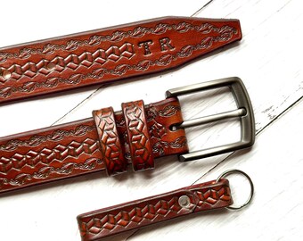 Personalized Tooled Leather Belt: Western Cowboy Buckle, Custom Engraved Initials1 1/2 inch