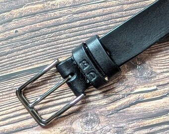 Handmade Leather Belt with Custom Initials | Black 1 1/4 Inch Width