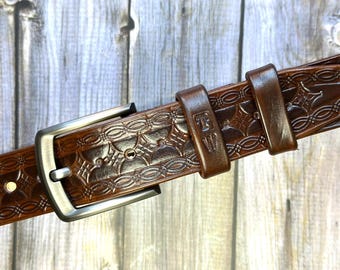 Personalized Western Style Leather Belt: Engraved Brown Leather Dad Gift 1 1/2