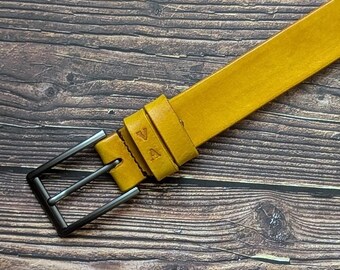 Personalized Yellow Leather Belt, Custom Engraved Male Fashion Accessory 1 1/4 inch