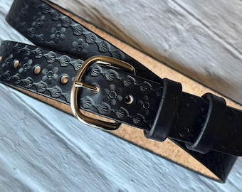 Personalized Black Tooled Leather Belt: Floral Embossed Handmade Accessory for Her 1 1/4 inch