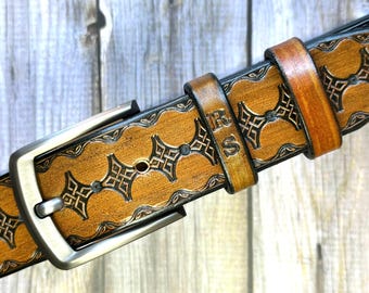 Personalized Tooled Leather Belt: Western Brown Handmade Custom Mens Gift1 1/2 inch