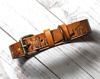 Handcrafted Leather Dog Collar: Custom Fit, Embossed Puppies, Adjustable Pet Accessory