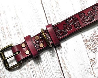 Personalized Leather Dog Collar with Rose Embossing – Custom Engraved Pet ID Tag Accessory