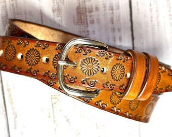 Personalized Tooled Floral Women Leather Belt: Genuine Cowhide Western Style 1 1/4 inch